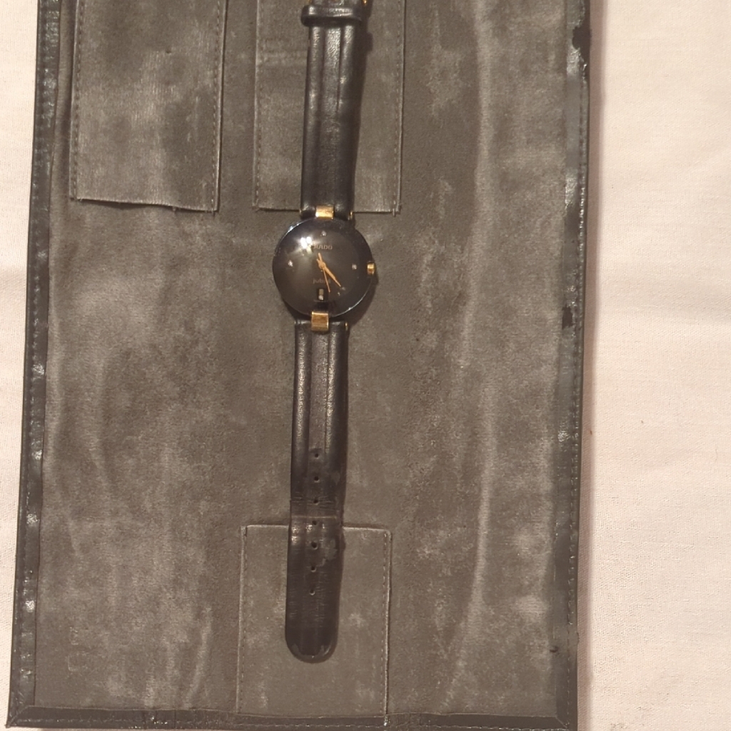 Rado Black Leather Strap Watch With Gold Accents